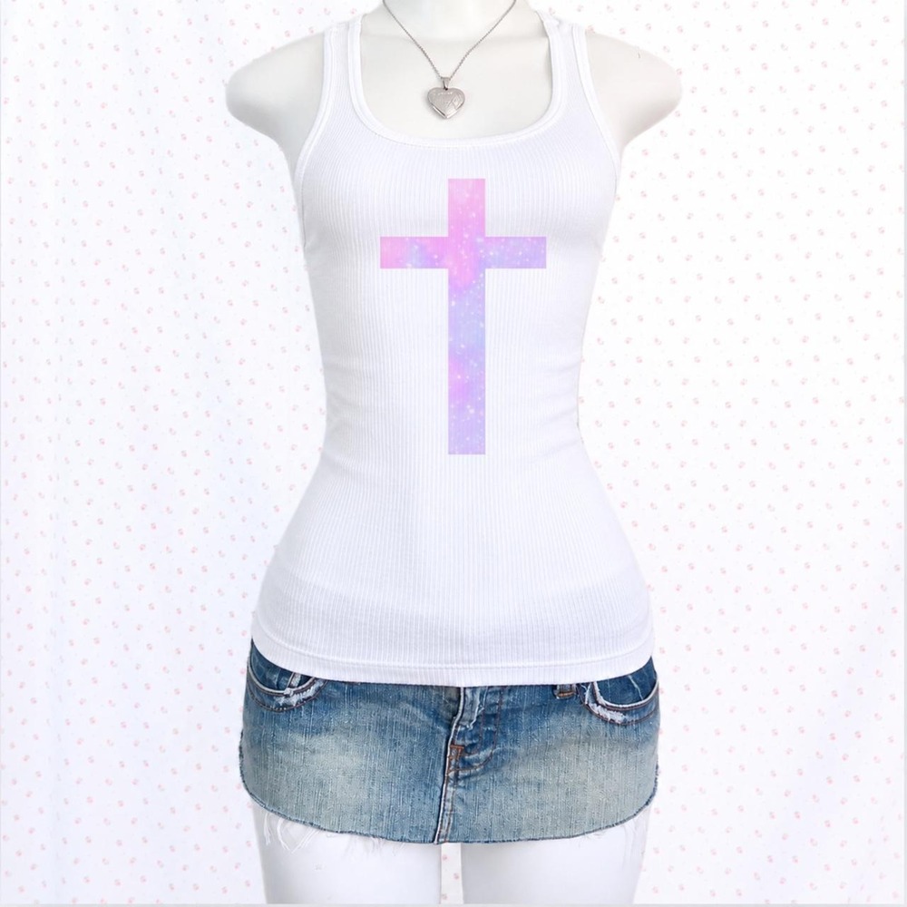 y2k pink purple galaxy cross graphic white ribbed tank top